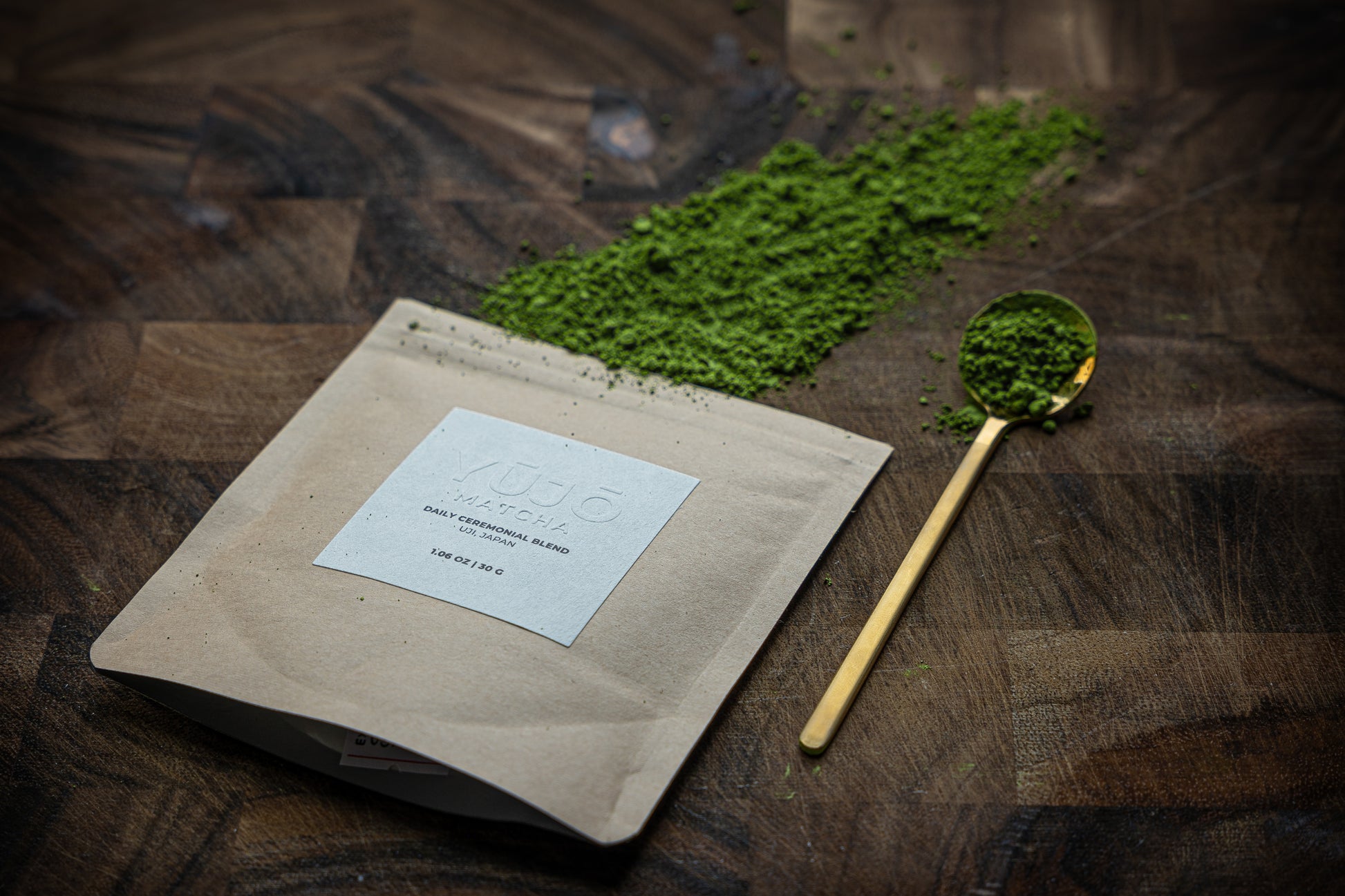 Vibrant green ceremonial matcha powder made from first harvest tea leaves, sourced from Uji, Japan, showcasing the quality and authenticity of Yujo Matcha.